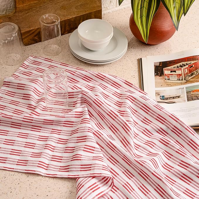 Kitchen Towel Set of 6-100% Cotton Quick-Drying & Absorbent Dish Cloths - 18x28 Inch Farmhouse Tea Towels with Maroon Stripes, Twill Weave
