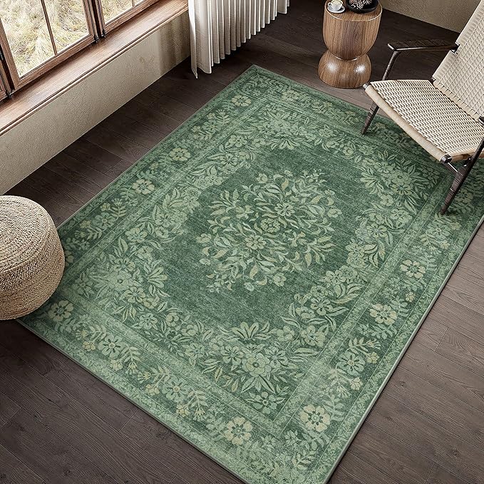 4x6 Area Rug Green Washable Office Vintage Distressed Carpet Bedroom Indoor Medallion Floral Living Room Non Slip Retro Throw Floor Mat for Dining Room Kitchen Bathroom
