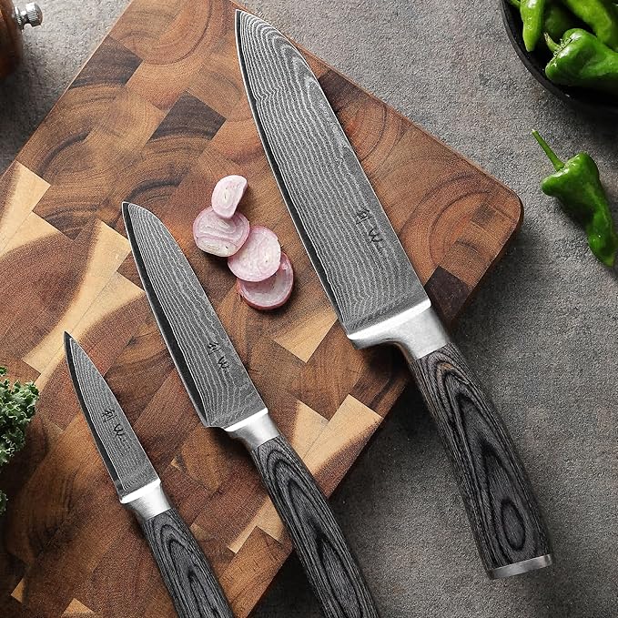 Wakoli EDIS 3-Piece Damascus Knife Set – Professional Kitchen Knives with VG10 Core Blades, 67-Layer Damascus Steel and Ergonomic Pakkawood Handles – Premium Chef Knife Set in Wooden Gift Box