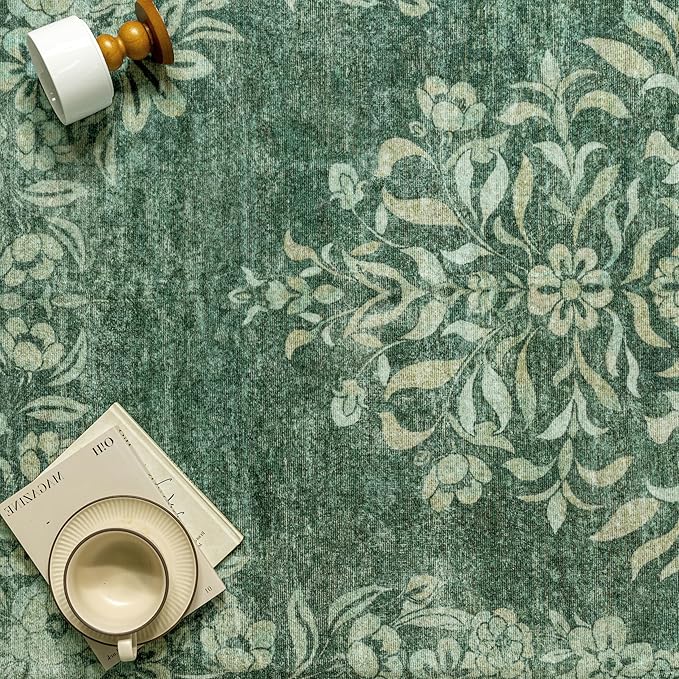 4x6 Area Rug Green Washable Office Vintage Distressed Carpet Bedroom Indoor Medallion Floral Living Room Non Slip Retro Throw Floor Mat for Dining Room Kitchen Bathroom