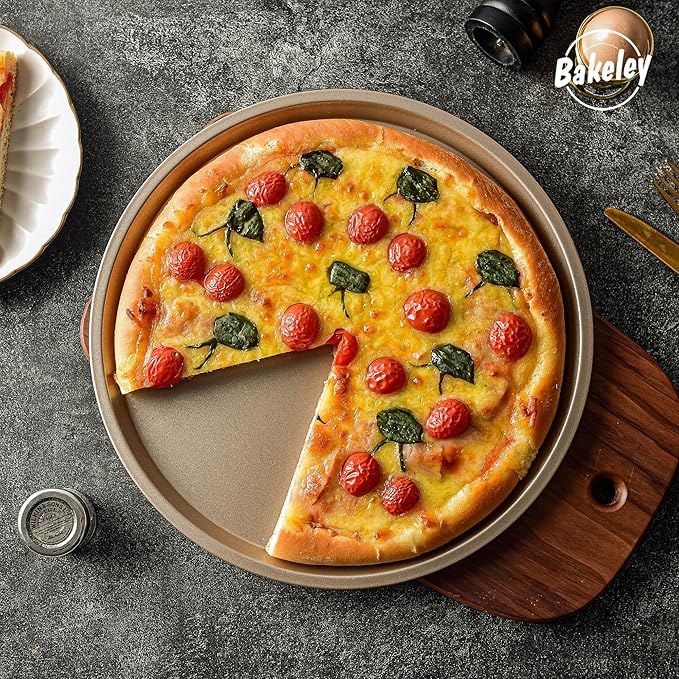 Bakeley 12-inch Pizza Pan, Heavy Duty Carbon Steel, Non-Stick, Pancake Bakeware for Oven Baking (Champagne Gold)