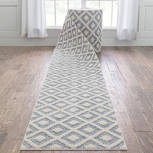 Well Woven Custom Size Runner - Choose Your Length - Ainsley Blue Diamond Trellis Geometric Tribal - 27 Inches Wide x 8 Feet Long Runner (27" x 8' Runner) Rug