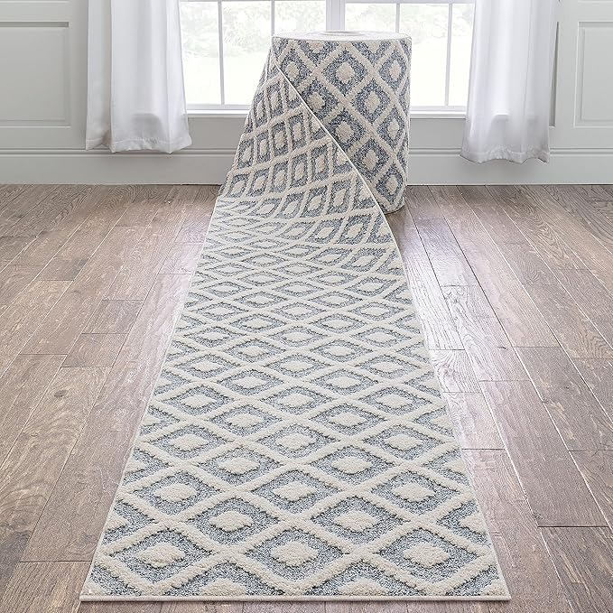 Well Woven Custom Size Runner - Choose Your Length - Ainsley Blue Diamond Trellis Geometric Tribal - 27 Inches Wide x 5 Feet Long Runner (27" x 5' Runner) Rug