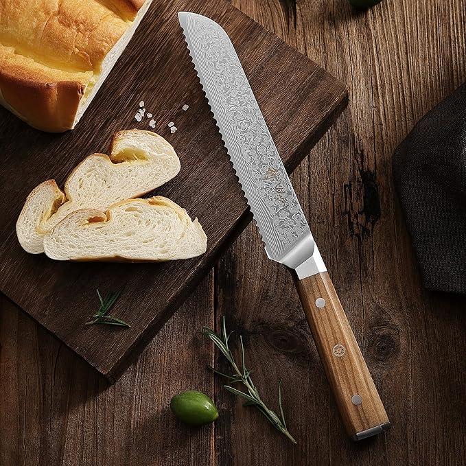 Wakoli Oribu Bread Knife – Full Tang Damascus Knife | 8-Inch Serrated Blade Made of 67-Layer Damascus Steel with AUS-10 Core | Ergonomic Olive Wood Handle | Professional Quality & Sharpness