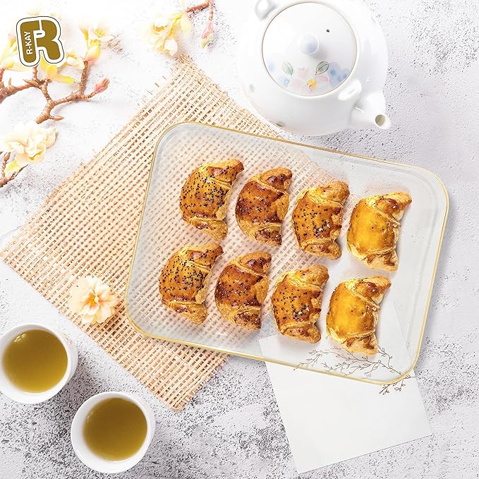 3 Pack Plastic Serving Trays for Party - Gold Serving Tray 8 x 11 Inch - Heavy Duty Dessert Trays for Food - Rectangular Party Serving Trays for Entertaining - Clear Cookie Platters