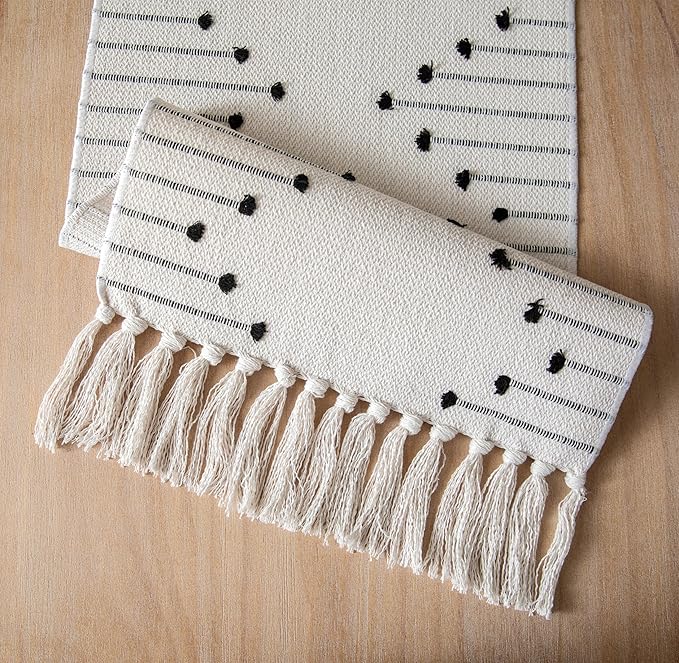 Boho Table Runner 13 x 72 Inch Long Natural Cotton Woven Runner with Tassels for Home Dining Table décor, for Modern Farmhouse Decor Coffee Table Runner, Black and Beige
