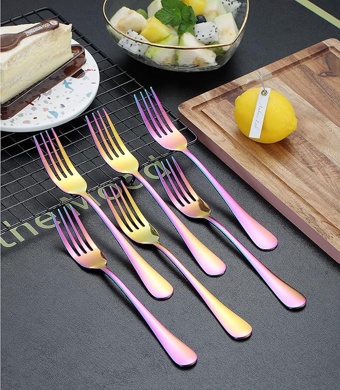 Kyraton Rainbow Dinner Fork 6 Pieces, Stainless Steel 8.17 Inch Forks Colorful Titanium Plating Silverware, Mutil-Color Forks Set of 6