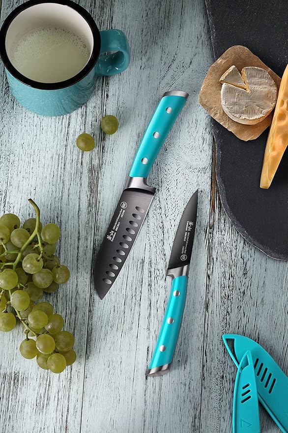 Cangshan S+ Series 1022117 German Steel Forged 2-Piece Titanium Coated Santoku Starter Knife Set with Sheaths, French Teal