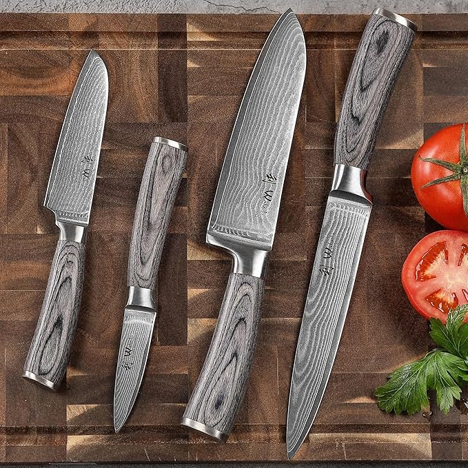 Wakoli EDIS 4-Piece Damascus Knife Set – Professional Kitchen Knife Set with VG10 Core Blades, 67-Layer Damascus Steel and Ergonomic Pakkawood Handles – Premium Kitchen Knives in Gift Box