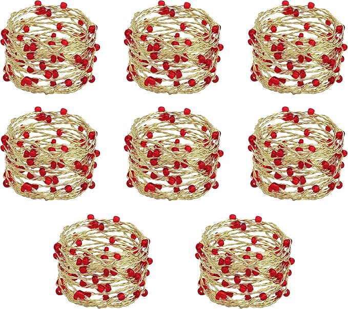 COTTON CRAFT Christmas Napkin Rings - Set of 8 Merry Xmas Fall Thanksgiving Beaded Metal Twine Napkin Ring - Hallelujah Holiday Celebration Party Gift Dining Table Handmade Napkin Holder - Red Gold