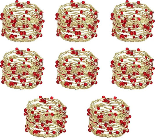 COTTON CRAFT Christmas Napkin Rings - Set of 8 Merry Xmas Fall Thanksgiving Beaded Metal Twine Napkin Ring - Hallelujah Holiday Celebration Party Gift Dining Table Handmade Napkin Holder - Red Gold