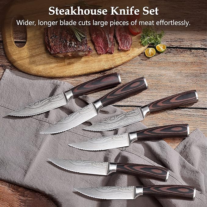 PAUDIN Steak Knives Set of 6, Ultra Sharp Steak Knives 5.25 inch, High Carbon Stainless Steel Steak Knife Set, Serrated Steak Knife with Pakkawood Handle for Steak House Restaurant