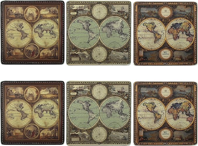 Marble Coasters Square Leather Drinks Coaster Set with Holder for Coffee Table Bar Home Decor 4 Inches Set of 6 (Old World Maps, One Size)