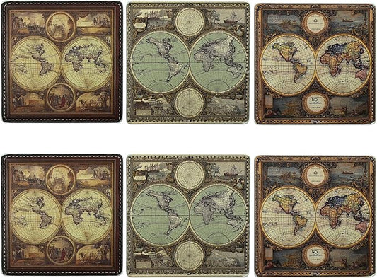 Marble Coasters Square Leather Drinks Coaster Set with Holder for Coffee Table Bar Home Decor 4 Inches Set of 6 (Old World Maps, One Size)