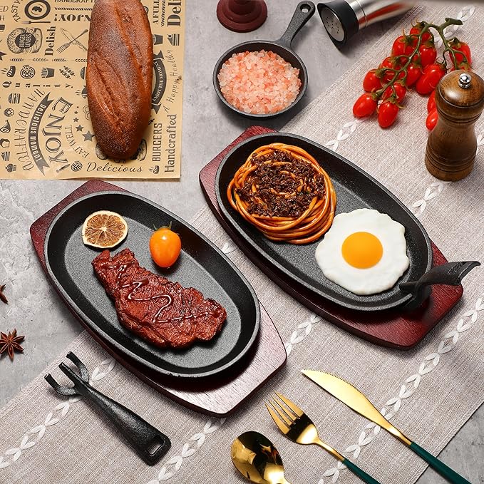 2 Pieces Oval Cast Iron Fajita Skillet Pan Set Small Sizzling Steak Plate with Wooden Base and Handle Cast Iron Fajita Skillet Sizzling Plate for Home Restaurant Barbecue Wedding Valentine's Day