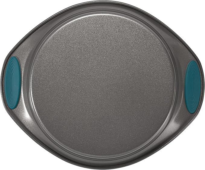 Rachael Ray Nonstick Bakeware Set with Grips includes Nonstick Bread / Baking Pans, Cookie / Baking Sheet and Cake Pans - 10 Piece, Gray with marine blue grips