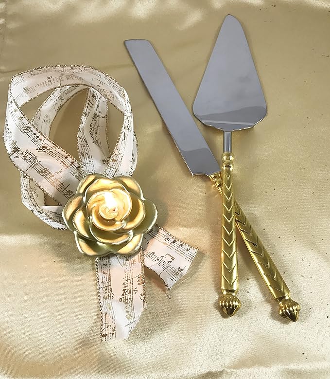 Server Set, Cake, Pie, Desert Flatware Set, Carved, 2-piece 18/10 Stainless steel with brass handles (light antique gold finish)…