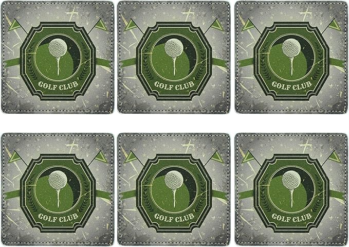 Marble Coasters Square Leather Drinks Coaster Set with Holder for Coffee Table Bar Home Decor 4 Inches Set of 6 (Golf, One Size)