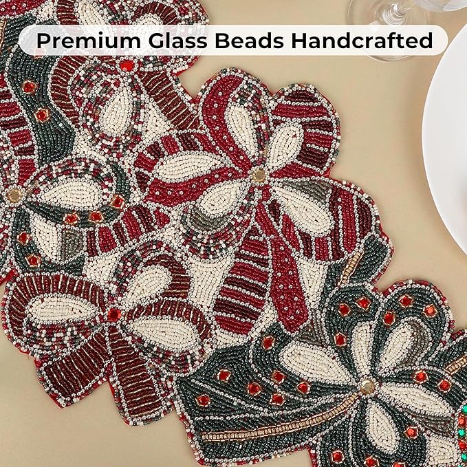 Decorative Beaded Runner 36 Inch, 13x36 Inch Handcrafted Glass Beads & Polyester | Premium Holiday, Christmas & Wedding Decor | Elegant Dining Table Accent (Maroon Dark Green) - ALPHA Living HOME