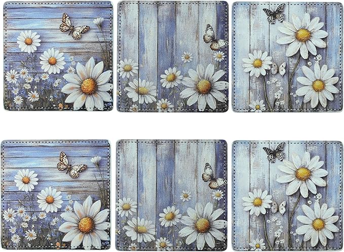 Marble Coasters Square Leather Drinks Coaster Set with Holder for Coffee Table Bar Home Decor 4 Inches Set of 6 (Butterfly, One Size)