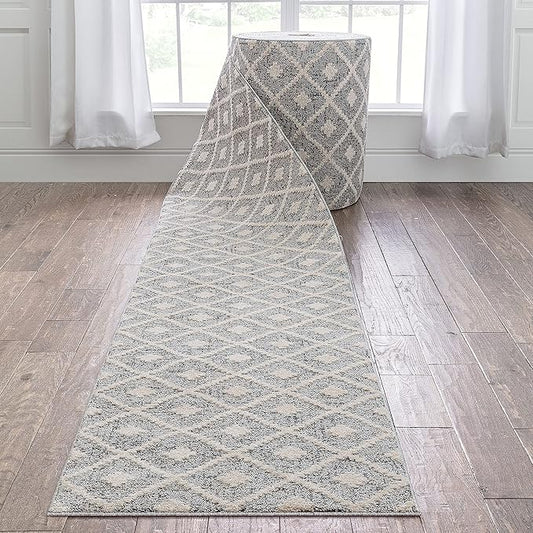 Well Woven Custom Size Hallway Stair Runner - Choose Your Length - Ainsley Grey Diamond Trellis Geometric Tribal - 27 Inches Wide x 13 Feet Long Runner (27" x 13' Runner) Rug