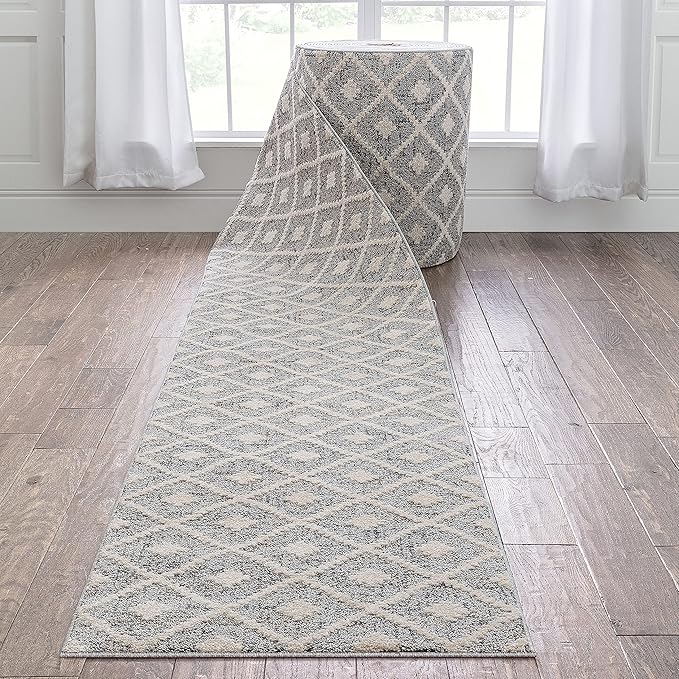 Well Woven Custom Size Hallway Stair Runner - Choose Your Length - Ainsley Grey Diamond Trellis Geometric Tribal - 27 Inches Wide x 95 Feet Long Runner (27" x 95' Runner) Rug