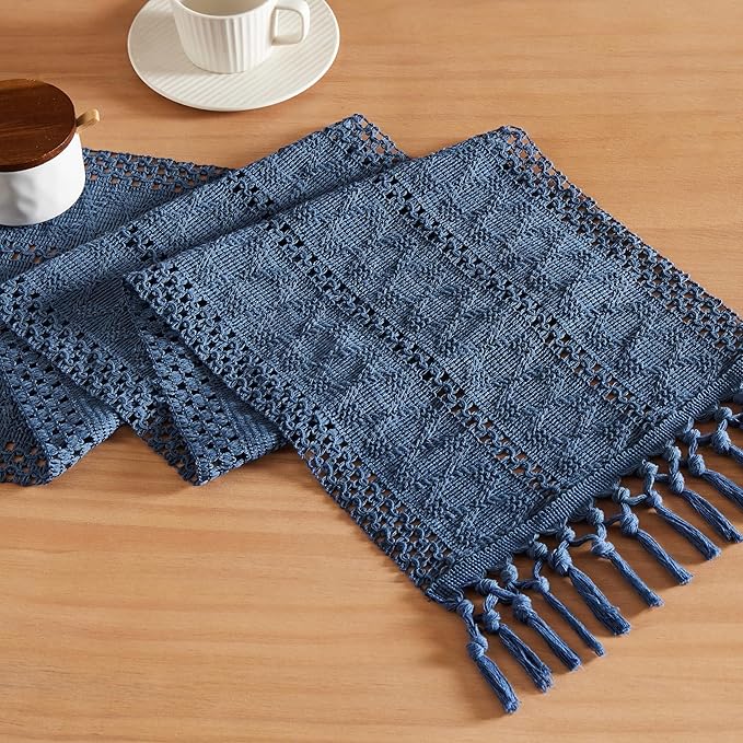 ZeeMart Macrame Style Boho Table Runner, Blue Table Runners 36 Inches Long, Farmhouse Woven Home Decor, 12x36 Inch, Dusty Blue