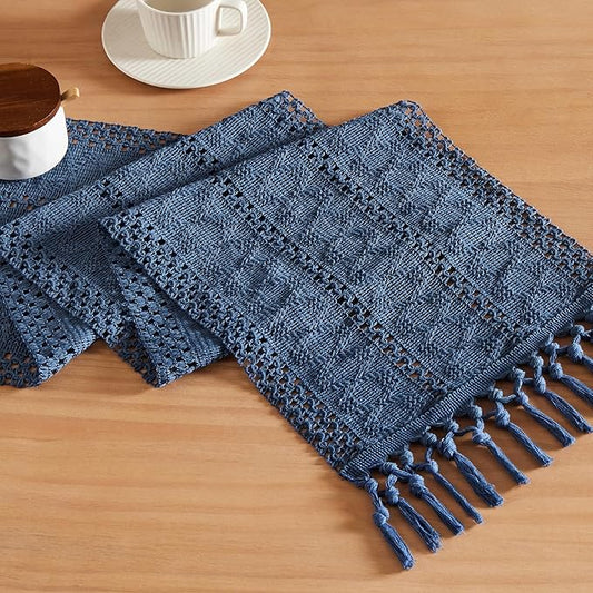 ZeeMart Macrame Style Boho Table Runner, Blue Table Runners 72 Inches Long, Farmhouse Woven Home Decor, 12x72 Inch, Dusty Blue