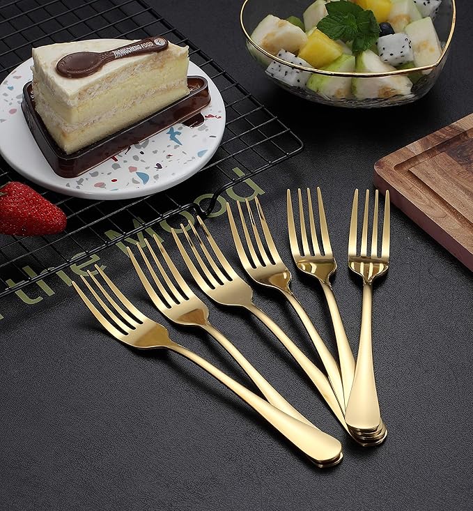 Kyraton Gold Dinner Forks - 6 Piece Set, Stainless Steel, 8.17 Inch, Titanium Plated Wedding Silverware