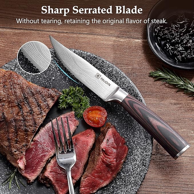 PAUDIN Steak Knives Set of 6, Ultra Sharp Steak Knives 5.25 inch, High Carbon Stainless Steel Steak Knife Set, Serrated Steak Knife with Pakkawood Handle for Steak House Restaurant