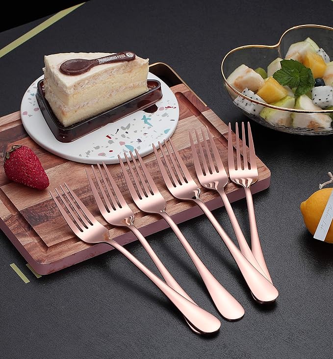 Kyraton Rose Gold Dinner Fork 6 Pieces, Stainless Steel 8.17 Inch Forks Rose Gold Titanium Plating Silverware, Copper Forks Set of 6