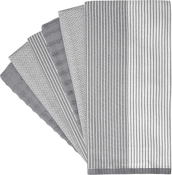 Premium Kitchen Towels (20”x 28”, 6 Pack) | Large Cotton Dish Towels | Flat & Terry Highly Absorbent Kitchen Linen Set with Hanging Loop | Gray