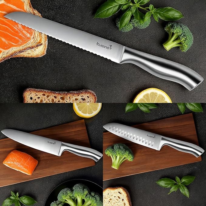 KUISINE Chef Knife Set Upgraded One Piece Molding Ultra Sharp Blade Ergonomic Handle,Kitchen Knife Block Set with Built-in Sharpener(Silver Acacia,15PCS)