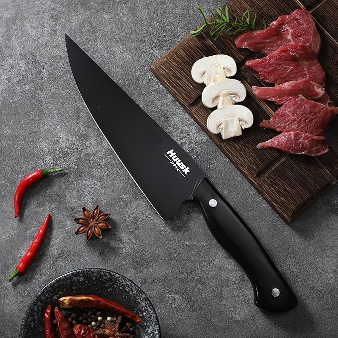 Huusk Japanese Chef Knife Set for Kitchen - 3 pcs Black Kitchen Knife Set with Titanium Coating, Stainless Cutting Knives Sets, Professional Cooking Knives for Vegetable Fruit Meat, Christmas Gift Men