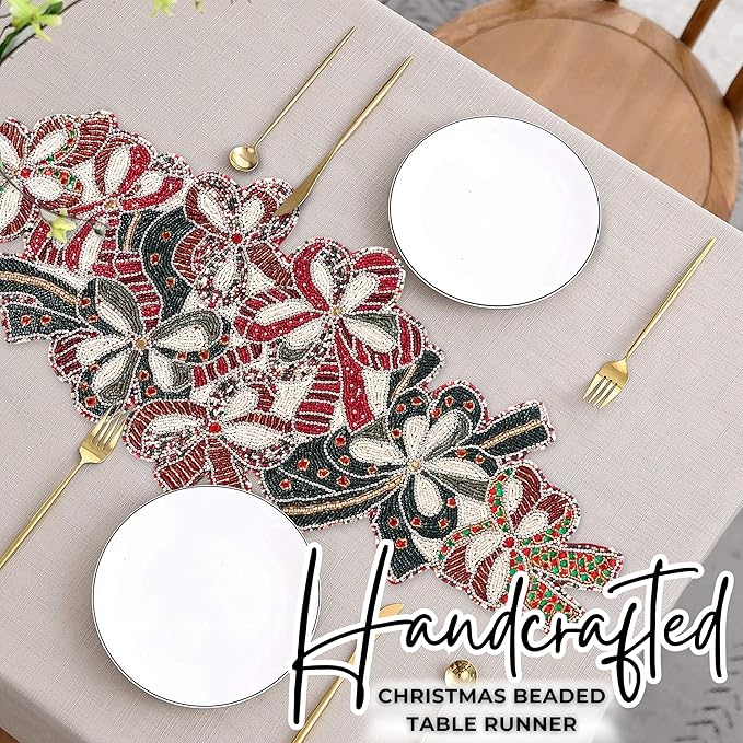 Decorative Beaded Runner 36 Inch, 13x36 Inch Handcrafted Glass Beads & Polyester | Premium Holiday, Christmas & Wedding Decor | Elegant Dining Table Accent (Maroon Dark Green) - ALPHA Living HOME
