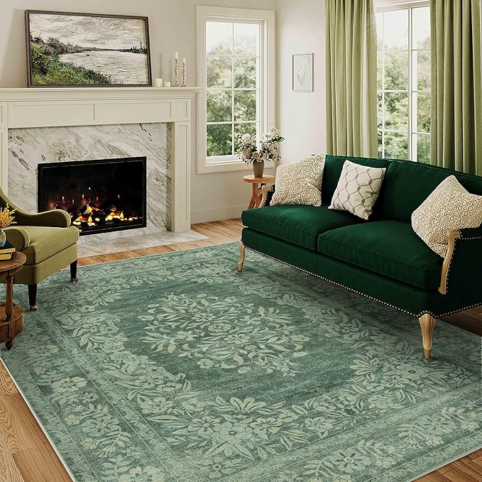 4x6 Area Rug Green Washable Office Vintage Distressed Carpet Bedroom Indoor Medallion Floral Living Room Non Slip Retro Throw Floor Mat for Dining Room Kitchen Bathroom