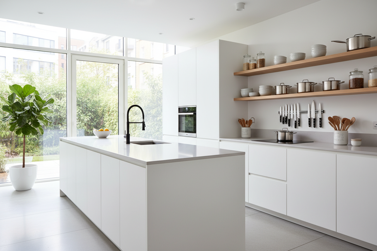Bright, modern kitchen with neatly arranged cookware