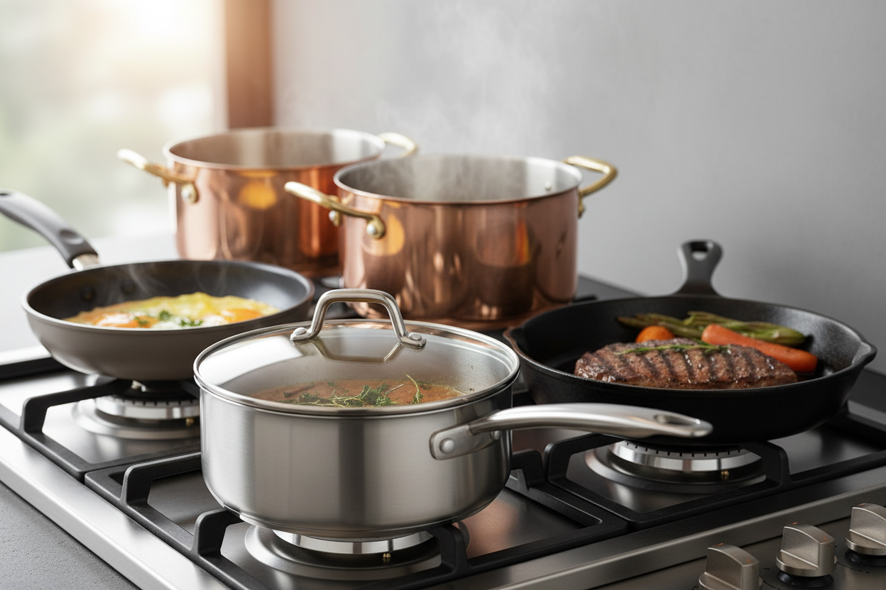 Close-up of pots and pans on a stovetop