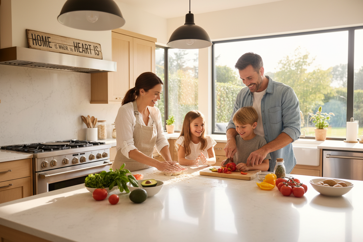 Family cooking together in a bright kitchen
